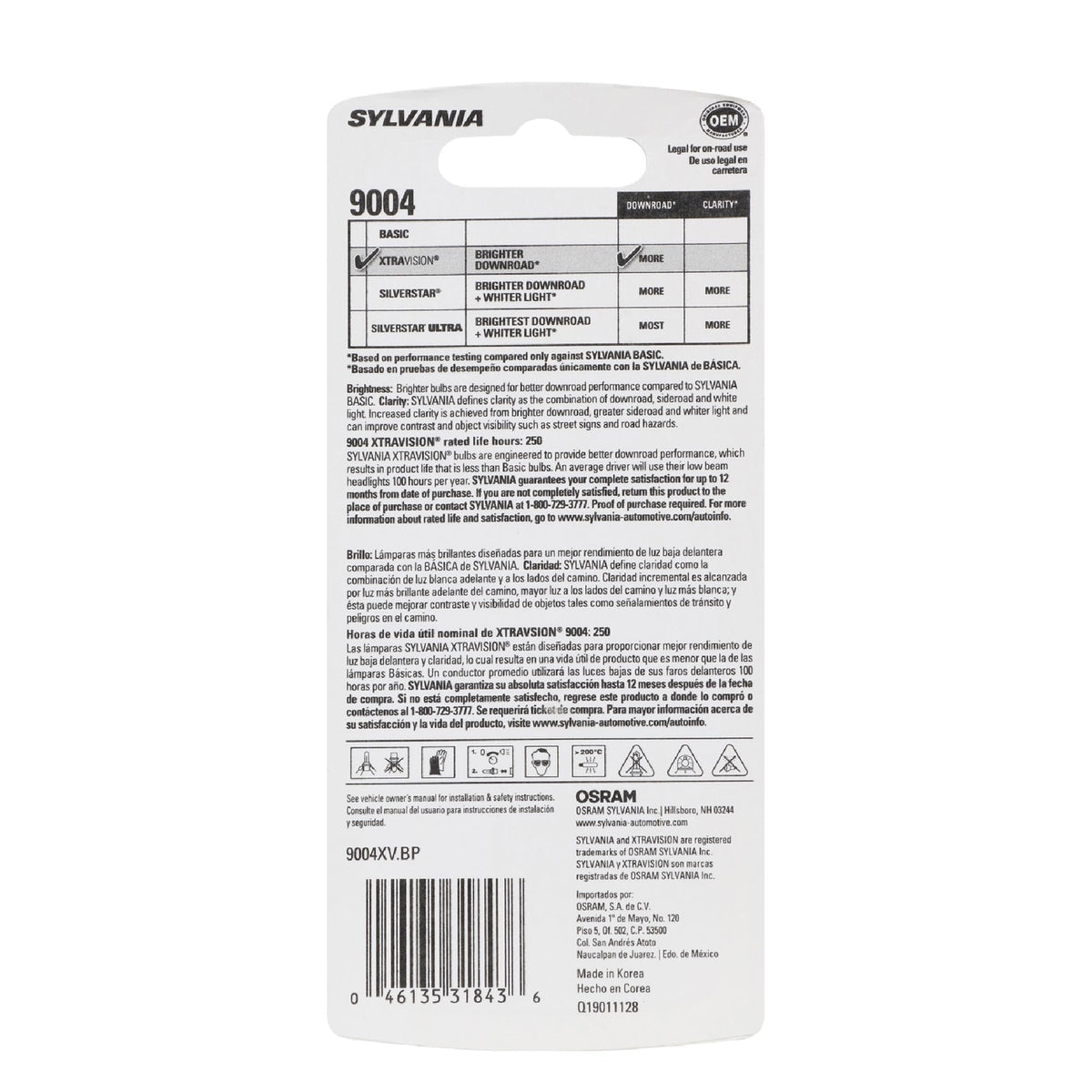 SYLVANIA 9004XV.BP SYLVANIA 9004 XtraVision Halogen Headlight Bulb, High or Low Beam, 1 Bulb