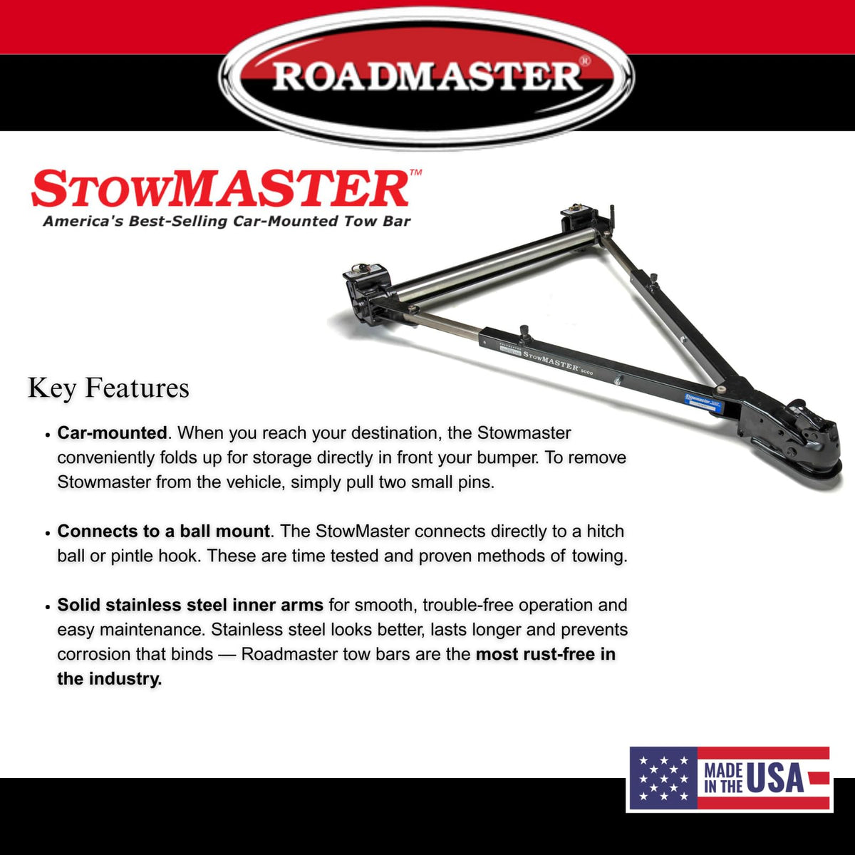 ROADMASTER 501 Roadmaster 501 Stowmaster Tow Bar with 2" Coupler fits Baseplates | Hauls Up to 6,000 lbs | Large Hook-Up Radius | Powder-Coated Finish | Self-lubricating Bushings