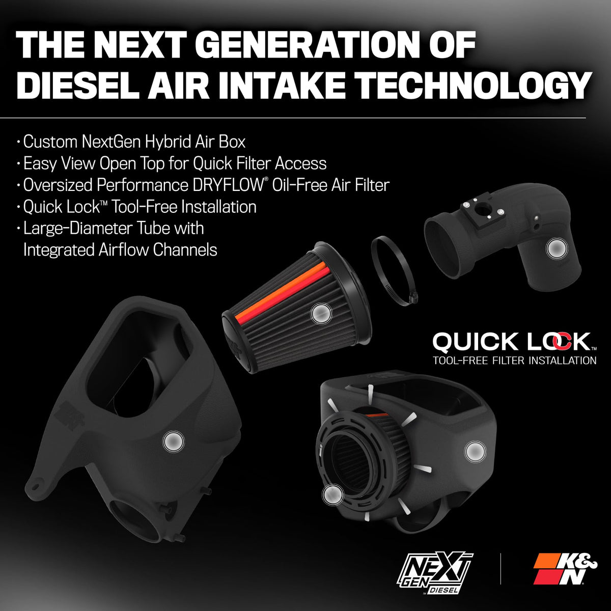 K&N FILTER 50-1592D K&N NextGen Diesel Dryflow Cold Air Intake: Compatible with 2013-2018 RAM; 2500; 3500; 50-1592D