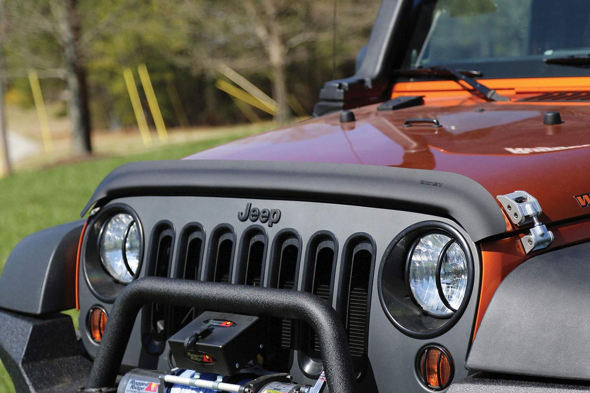 RUGGED RIDGE 11348.02 Rugged Ridge Hood Bug Deflector for Jeep Wrangler - Fits 2007–2018 Jeep Wrangler JK/JKU - Durable Wind & Bug Shield with Easy Installation & Secure Fit - Matte Black