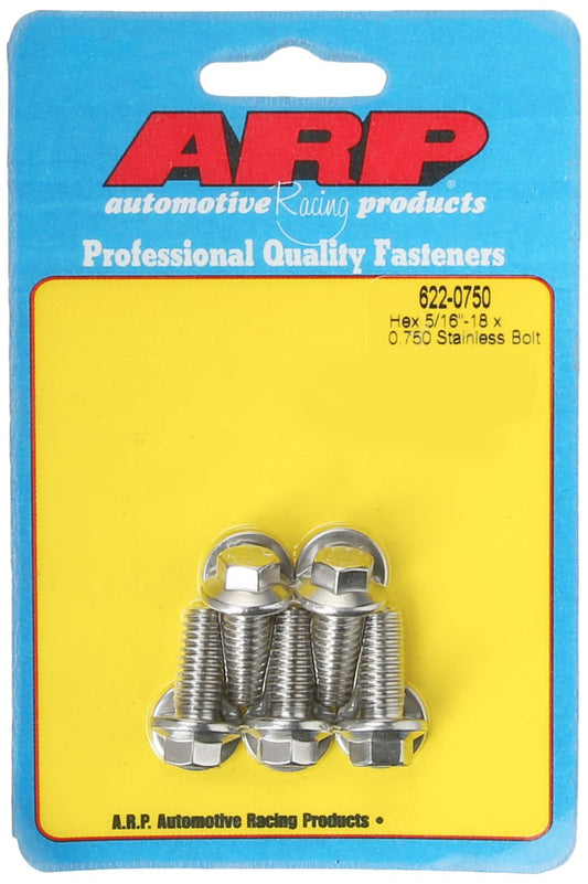 ARP 622-0750 ARP 6220750 5-Pack Of Stainless Steel Hex Bolts, Size 5/16-18, 0.750 Under Head Length