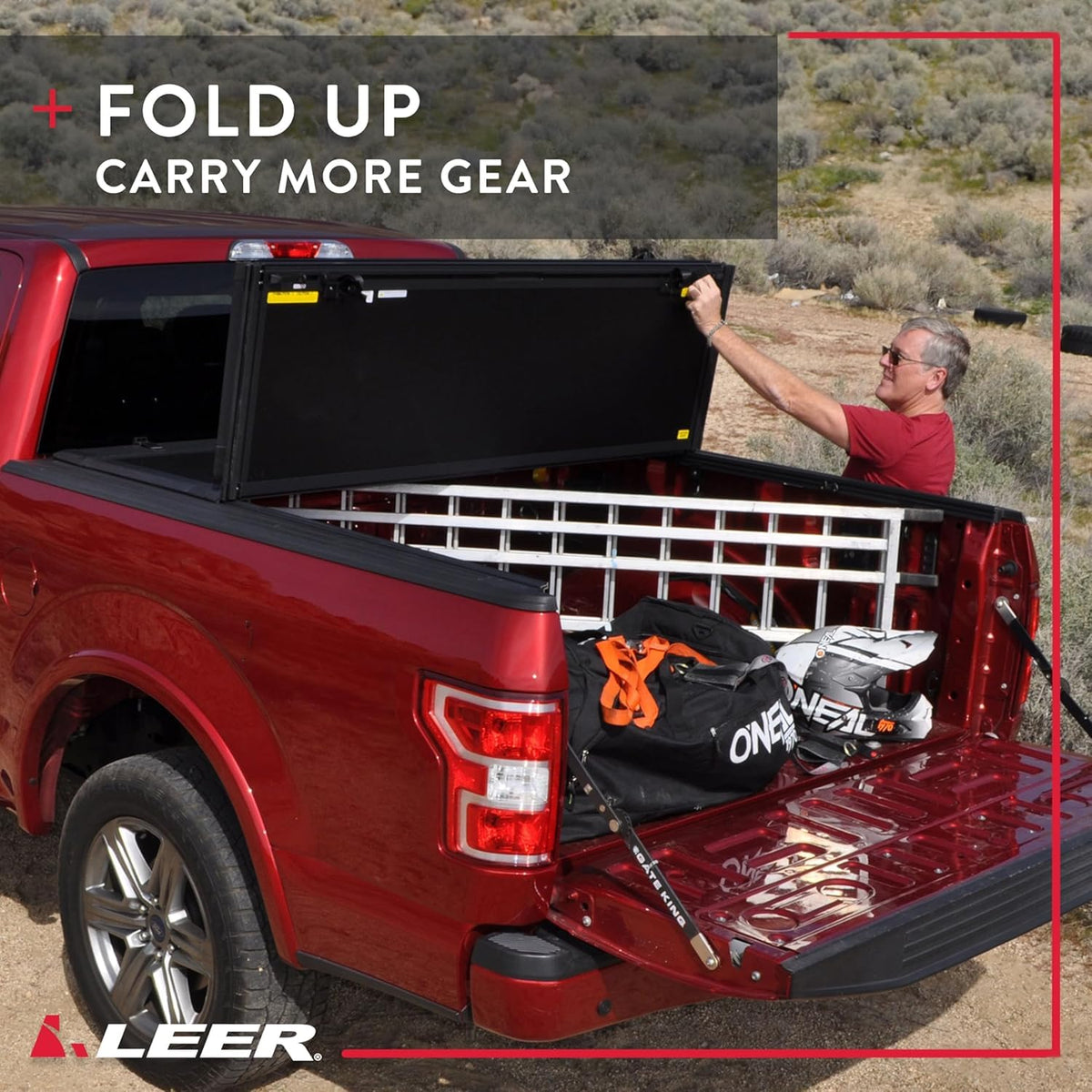 LEER 631286 LEER HF350M Tri-Folding Truck Bed Tonneau Cover, Fits Toyota Tacoma Double Cab with Deck Rail System, Years 2016-2023, 5'2" Truck Bed, Black