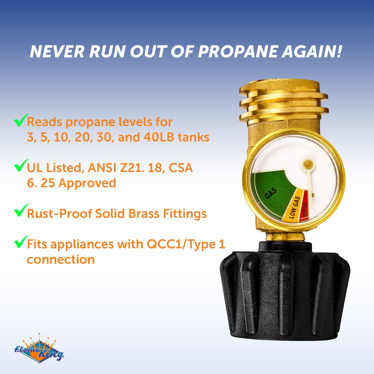 FLAME KING YSN212B Flame King Propane Tank Gauge Level Indicator Leak Detector Gas Pressure Meter Color Coded & Glow in the Dark Universal for Cylinder, BBQ Gas Grill, RV Camper, Heater and More Appliances, Brass