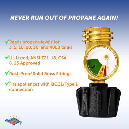 FLAME KING YSN212B Flame King Propane Tank Gauge Level Indicator Leak Detector Gas Pressure Meter Color Coded & Glow in the Dark Universal for Cylinder, BBQ Gas Grill, RV Camper, Heater and More Appliances, Brass