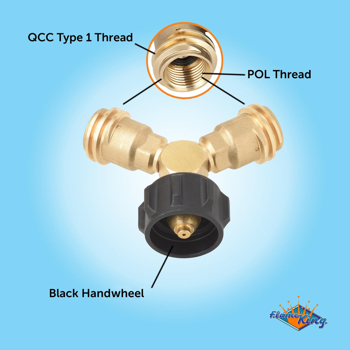 FLAME KING AB225 Flame King Propane Tank Y Splitter Adapter with Valves, 2-Way LP Gas Connector for 20lb Propane Tank Cylinders, Works with BBQ Grills, Camping Stoves, Gas Burners, Heaters