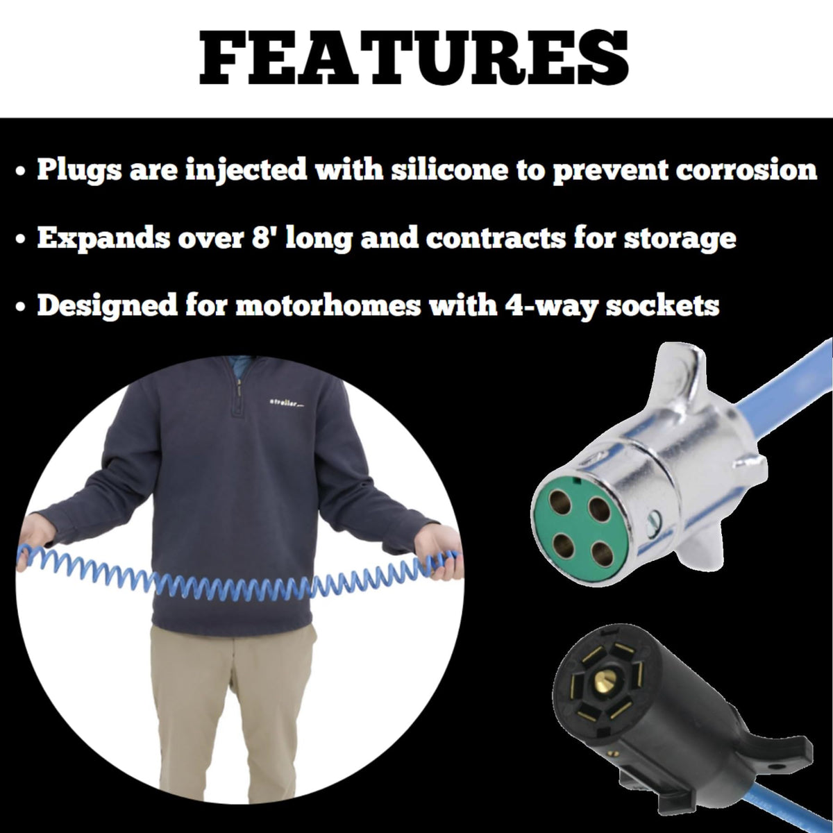 ROADMASTER 164-7 Roadmaster 164-7 Flexo-Coil 7-Wire to 4-Wire Adaptive Power Cord with Plugs, Sockets, & Socket Bracket Included | Designed for Motorhomes with 4-Way Sockets | Water, Oil, & Chemical Resistant
