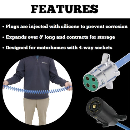 ROADMASTER 164-7 Roadmaster 164-7 Flexo-Coil 7-Wire to 4-Wire Adaptive Power Cord with Plugs, Sockets, & Socket Bracket Included | Designed for Motorhomes with 4-Way Sockets | Water, Oil, & Chemical Resistant