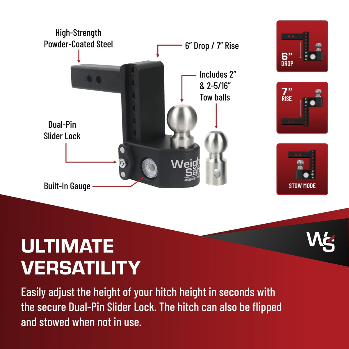 WEIGH SAFE SWS8-2.5-KA Weigh Safe Steel Drop Hitch - Adjustable Trailer Hitch with Ball Mount - Designed for 2.5" Receivers - Includes 2 Tow Balls - 8" Drop Hitch, 22,000 lbs GTW, 2-Piece Lock Set