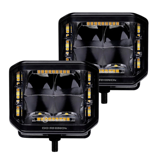 GO RHINO 750700322SCS Go Rhino Xplor Lighting: Blackout Series 4x3 LED Cube Sideline Spot Lights (Pair) | Surface Mount (Threaded Stud Mount) Aluminum, Black | 750700322SCS