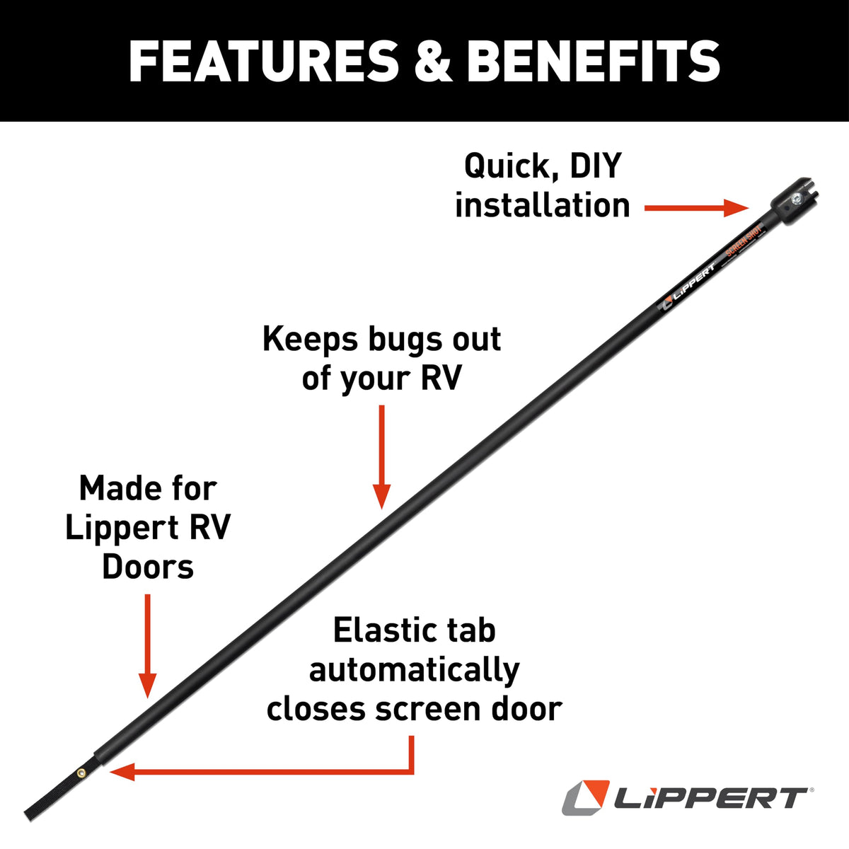 Lippert Components 730812 Lippert Screen Shot Automatic RV Screen Door Closer, 24" Length with Elastic Tab, Add-on Accessory Fits Lippert Entry Doors on 5th Wheel RVs and Travel Trailers - 730812