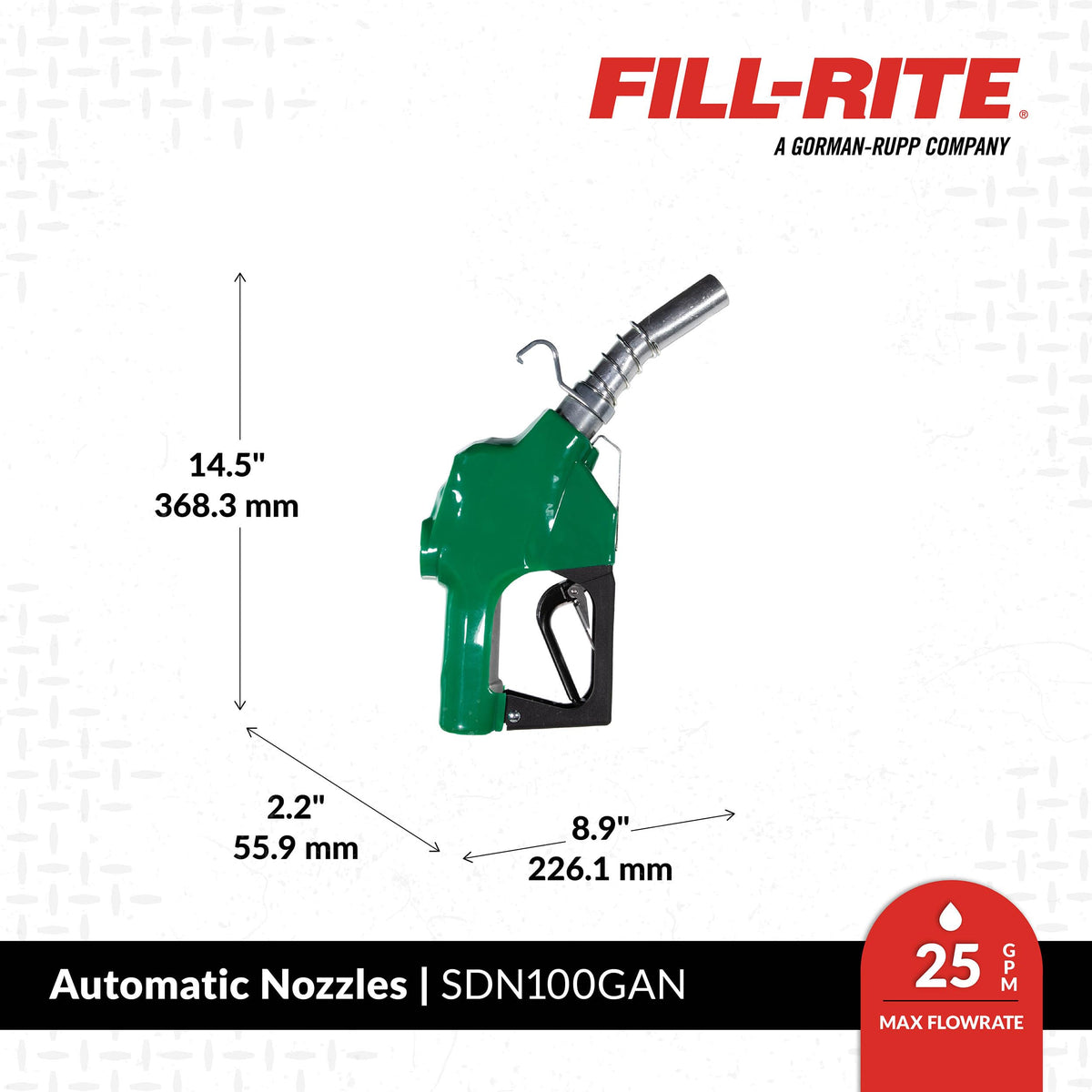 FILL RITE SDN100GAN Fill-Rite SDN100GAN 1” 5 to 25 GPM Automatic Standard Duty Fuel Transfer Nozzle, Green - For Gasoline, Diesel, Biodiesel up to B20, E15 & Kerosene