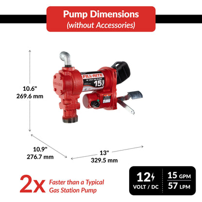 FILL RITE FR1210HA Fill-Rite FR1210HA 12V 15 GPM Fuel Transfer Pump with Discharge Hose & Automatic Nozzle, Red | Gasoline, Diesel, Kerosene, Ethanol & Methanol Blends & Biodiesel