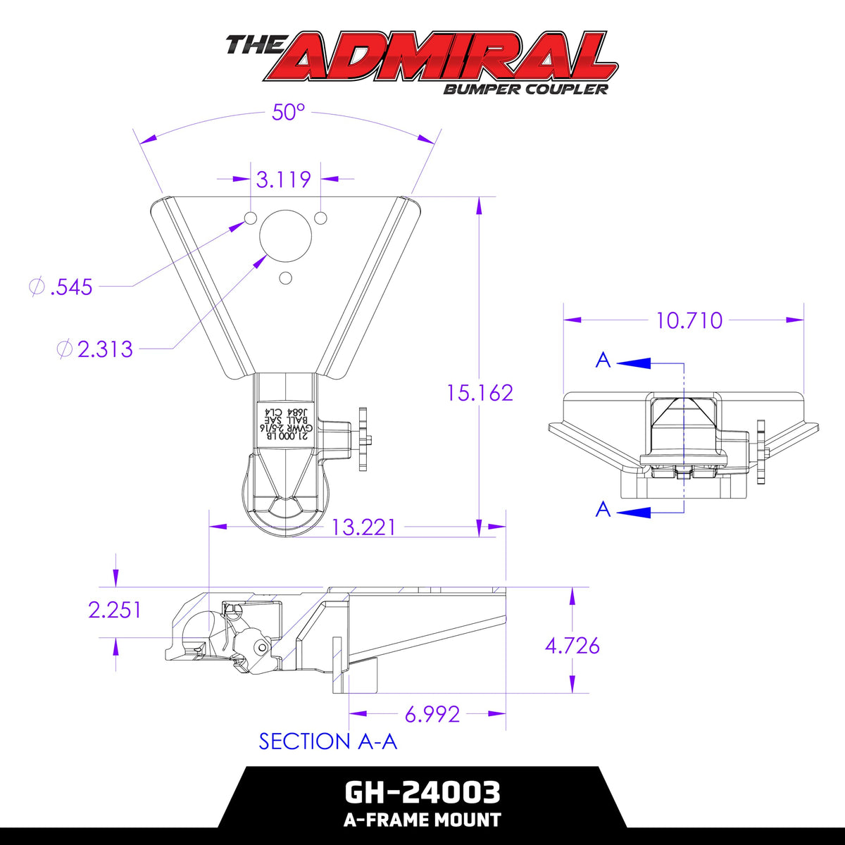 GEN-Y HITCH GH-24003 GEN-Y Hitch A-Frame Mount Trailer Coupler with SnapLatch for 2 5/16" Ball, 21,000 lbs Towing Capacity, 2,100 lbs Tongue Weight, Made in USA, Black