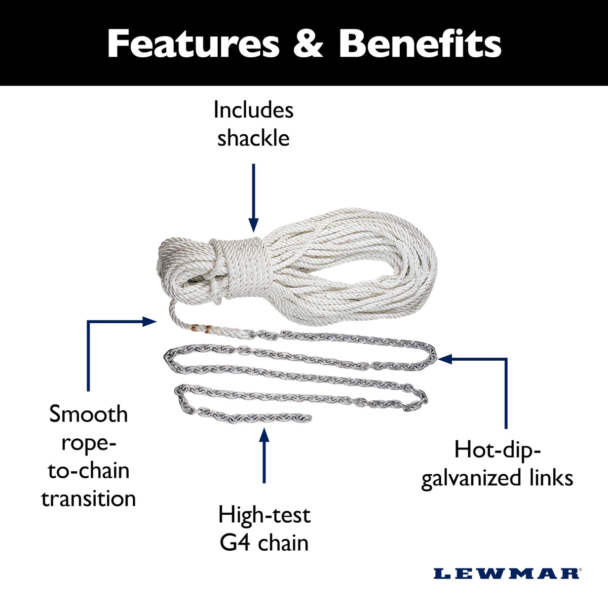 LEWMAR 69000334 Lewmar Boat Anchor Rode for Windlasses - 15' 1/4" G4 Chain, 200' 1/2" Rope with 5/16" Shackle, High-Test-Rated Galvanized Links, Hand-Sewn Whipping
