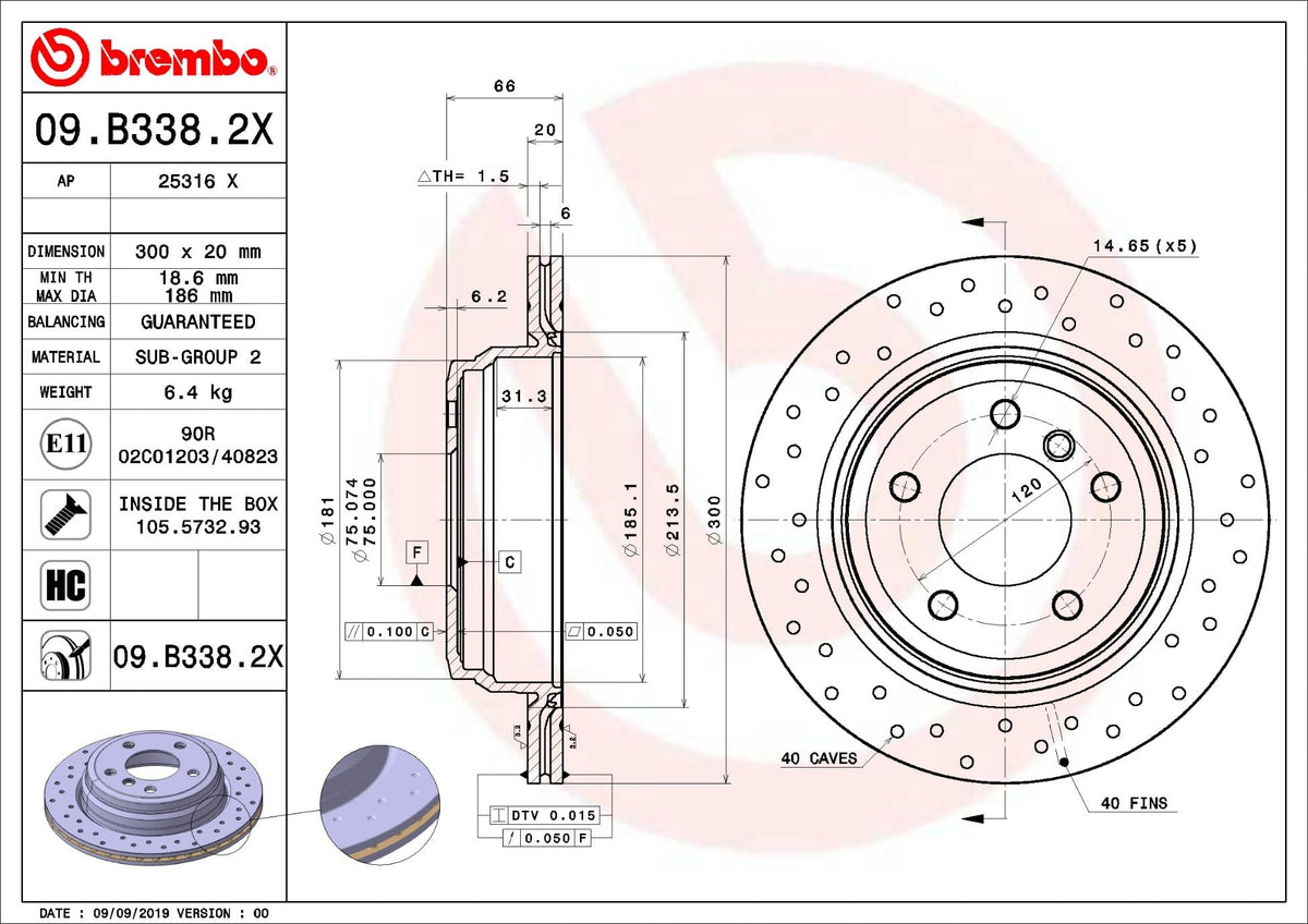 BREMBO 09B3382XC02 Brembo 09.B338.2X Xtra UV Coated vented drilled Rear Brake Rotor BMW/BMW (BRILLIANCE) OE# 34216764653