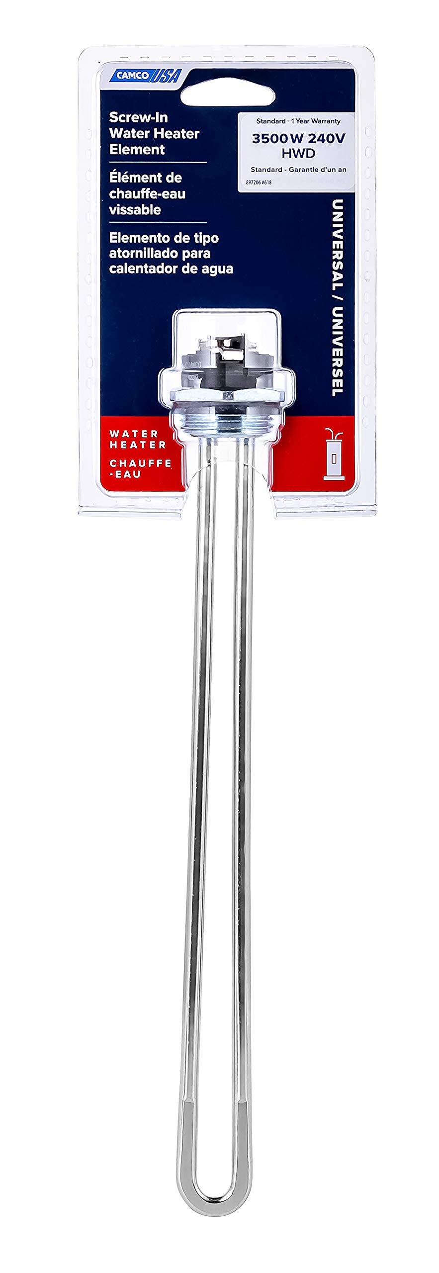 CAMCO 02283 Camco 02282/02283 3500W 240V Screw-In Water Heater Element - High Watt Density, Silver / Pewter