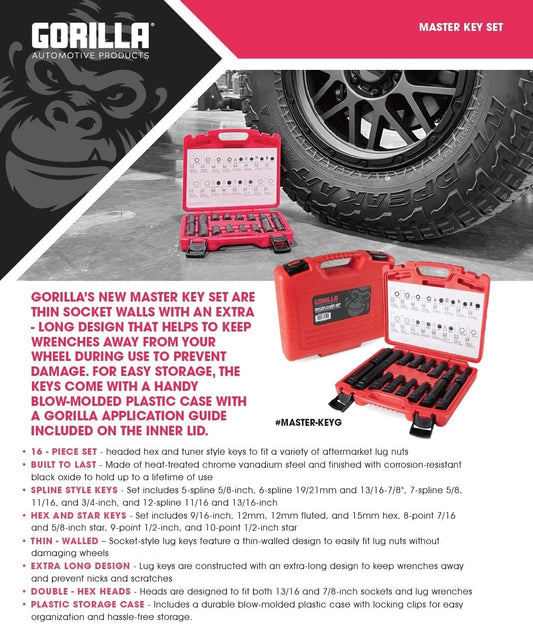 GORILLA MASTER-KEYG GORILLA Automotive 16-Piece Locking Lug Nut Master Key Set of Spline Star and Hex Style Keys, Wheel Lock Removal Kit, Thin-Walled and Extra Long Lug Keys to Prevent Damage to Wheels Double-Hex Heads