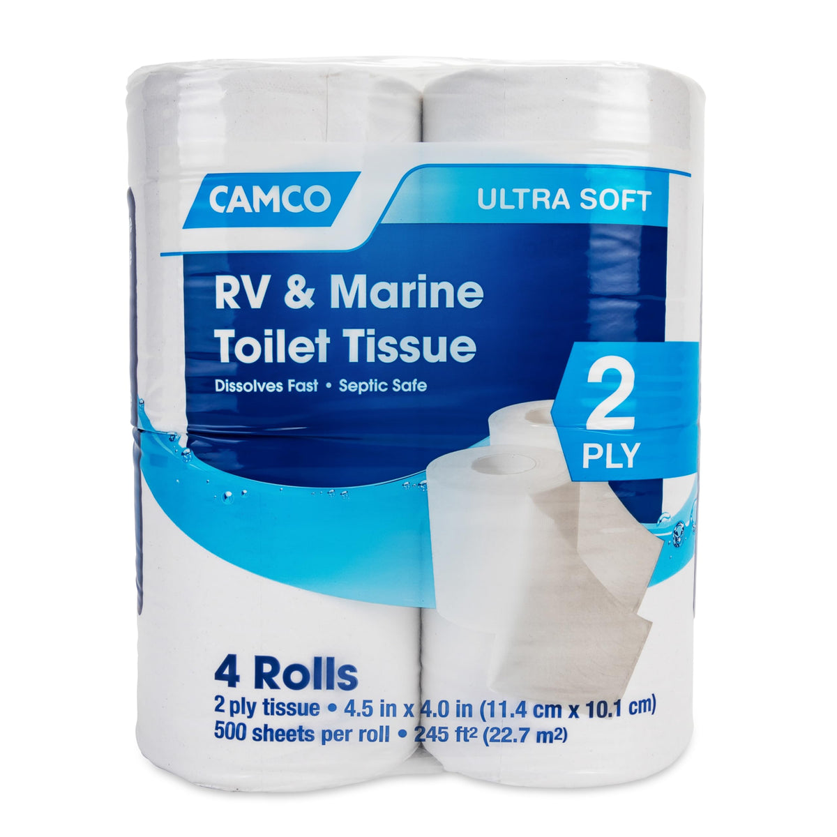 CAMCO 40274 Camco Marine & RV Toilet Paper — 2-Ply — Septic Safe — Dissolves Fast — Dye & Fragrance Free — 4-Rolls (500 Sheets Per Roll) (40274)
