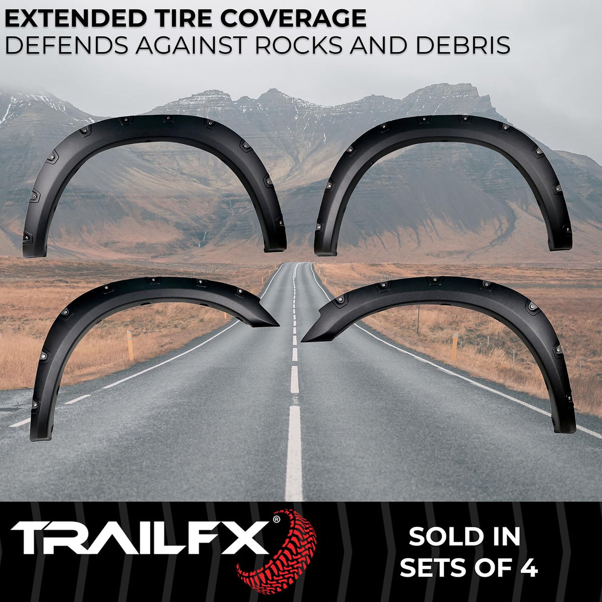 TRAILFX TFD3004T TrailFX TFD3004T Pocket Style Fender Flares for Ram 2500 2011-2018 - Black Textured Paintable Polypropylene, Set of 4 with Stainless and Black Steel Rivets