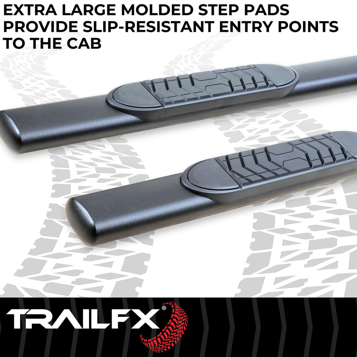 TRAILFX A7102T Trail FX Side Step Bars 5 Inch Oval Straight Nerf Bars with Step Pads and Bed Step Fits 2024-2025 Toyota Tacoma Black Powder-Coated Steel Rocker Panel Mount Bolt On Installation TrailFX A7102T