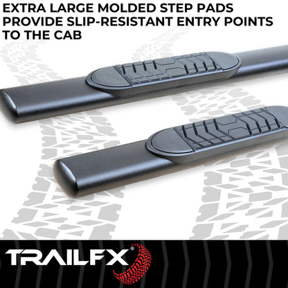 TRAILFX A7102T Trail FX Side Step Bars 5 Inch Oval Straight Nerf Bars with Step Pads and Bed Step Fits 2024-2025 Toyota Tacoma Black Powder-Coated Steel Rocker Panel Mount Bolt On Installation TrailFX A7102T