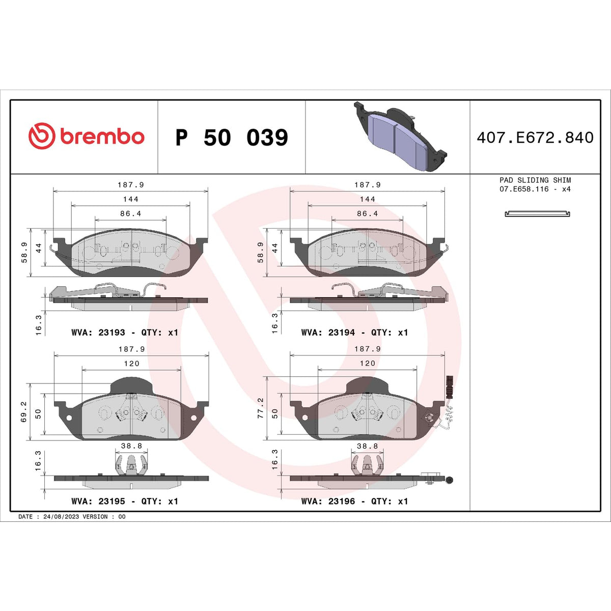 BREMBO P50039 Brembo P50039 Low-Met Front Disc Brake Pad Set MERCEDES-BENZ OE# A1634200320