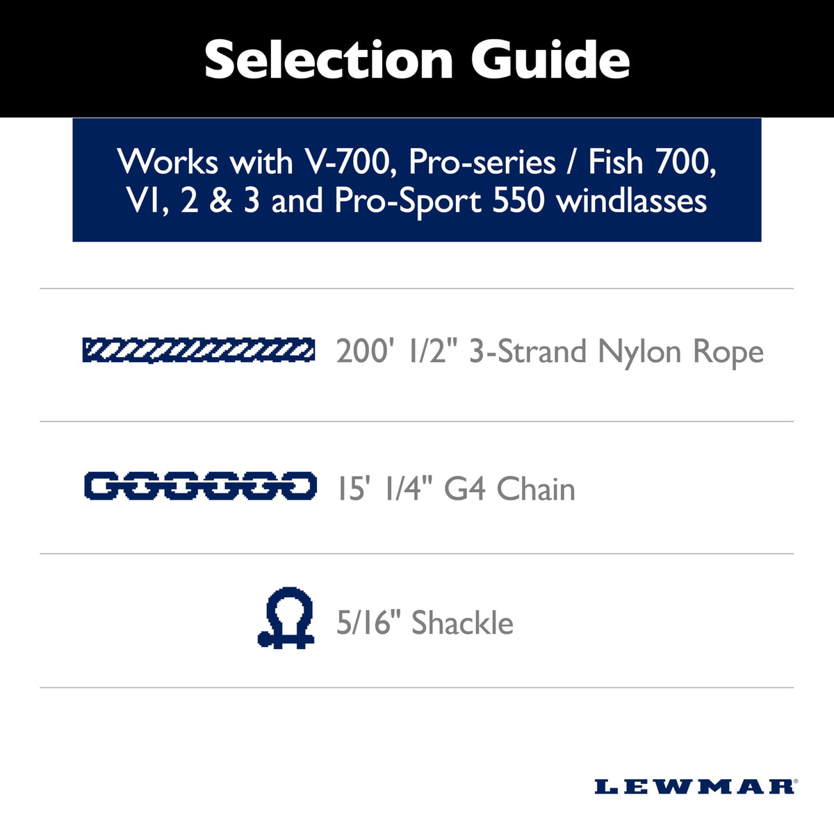 LEWMAR 69000334 Lewmar Boat Anchor Rode for Windlasses - 15' 1/4" G4 Chain, 200' 1/2" Rope with 5/16" Shackle, High-Test-Rated Galvanized Links, Hand-Sewn Whipping