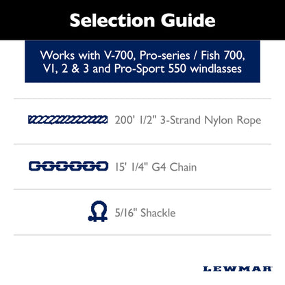 LEWMAR 69000334 Lewmar Boat Anchor Rode for Windlasses - 15' 1/4" G4 Chain, 200' 1/2" Rope with 5/16" Shackle, High-Test-Rated Galvanized Links, Hand-Sewn Whipping
