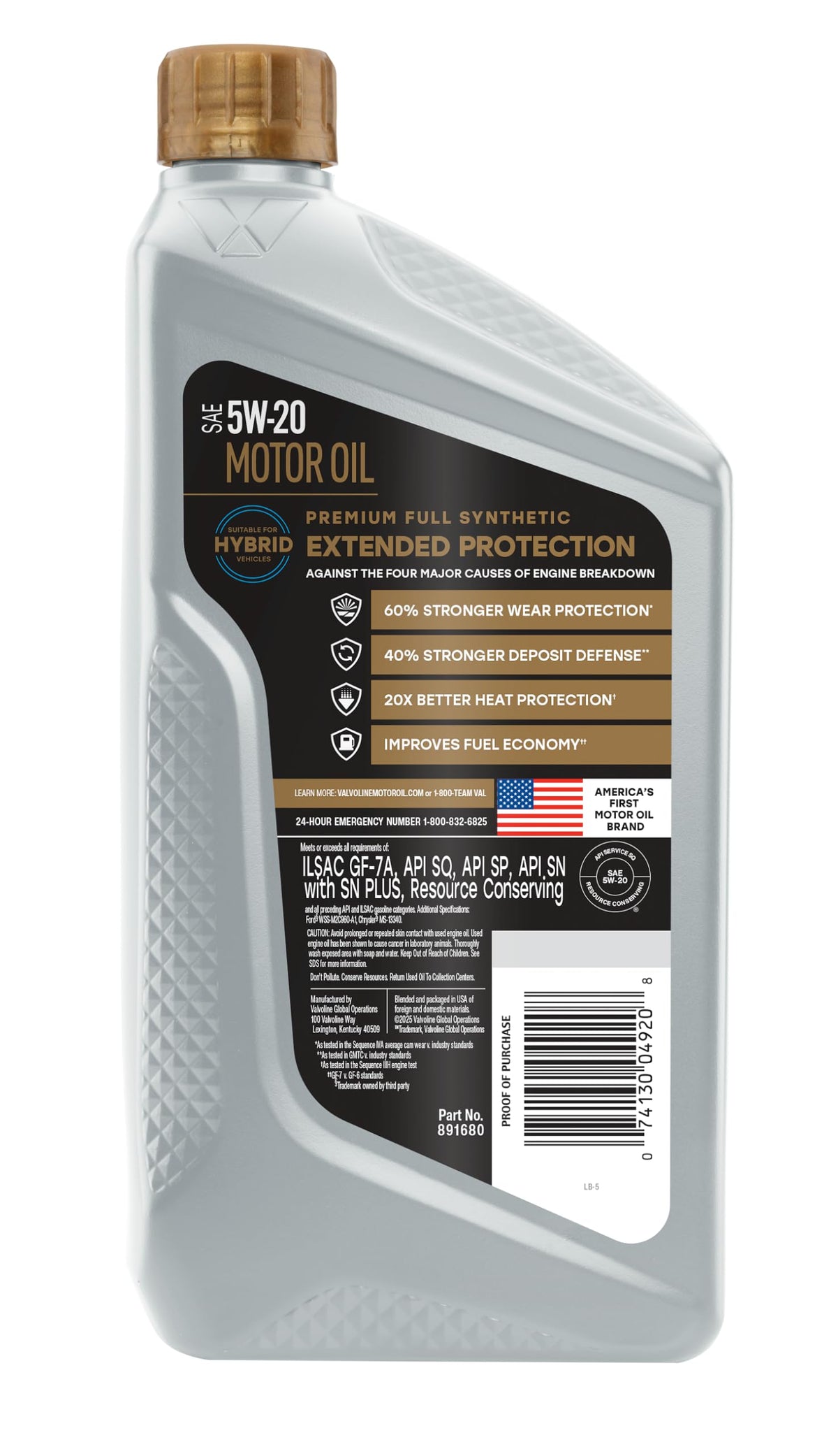 VALVOLINE 891680 Valvoline Extended Protection Full Synthetic Motor Oil SAE 5W-20 1 QT