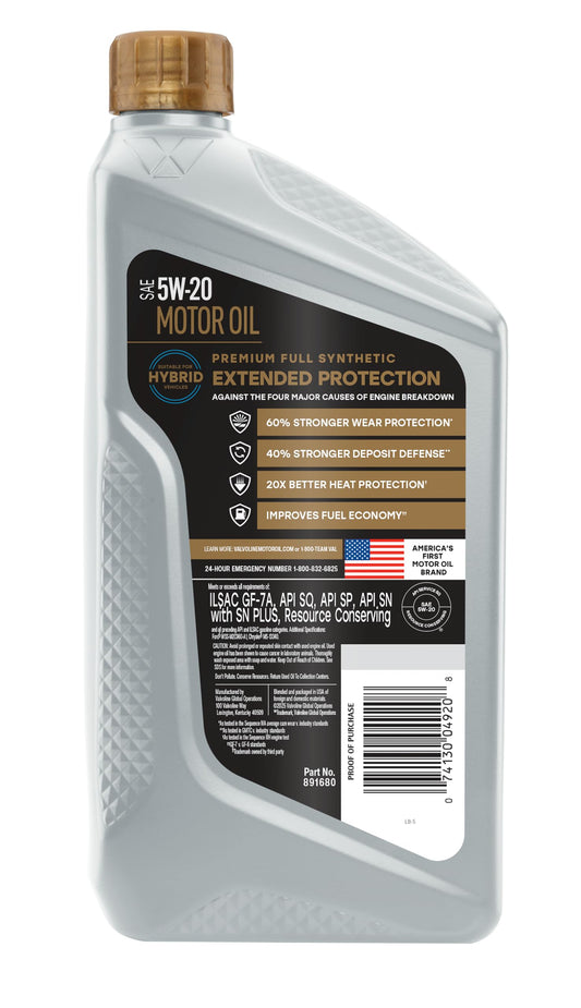 VALVOLINE 891680 Valvoline Extended Protection Full Synthetic Motor Oil SAE 5W-20 1 QT