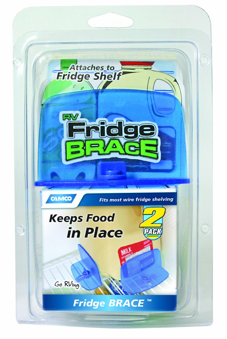 CAMCO 44033 Camco RV Fridge Brace -Holds Food and Drinks in Place During Travel, Prevents Messy Spills Perfect for RVs, Boats, Camping and More - (2 Pack) (44033), Blue