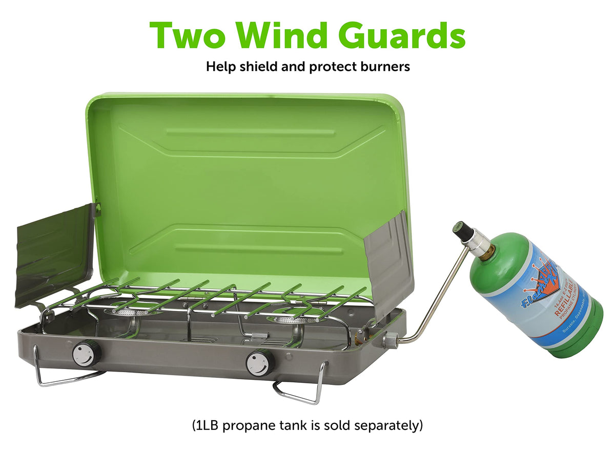 FLAME KING YSNVT-101 Flame King VT-101 2-Burner Portable Camping Stove Grill, Great for Outdoor Cooking, Backpacking, Compatible with 1LB Propane Gas Bottle