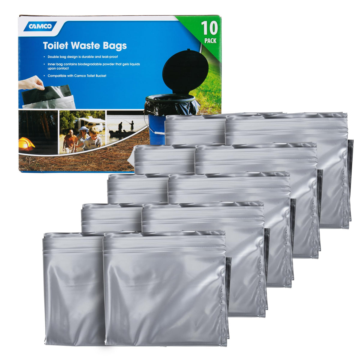 CAMCO 41548 Camco Toilet Waste Bags - Features a Biodegradable Powder & Leak Proof Double Bag Design - Great for Camping, RVing, Hiking, or Boating - 10-Pack (41548)