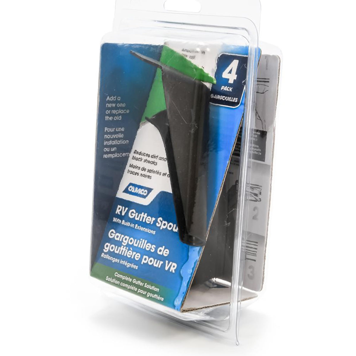 CAMCO 42452 Camco RV Gutter Spouts with Built-in Extensions | Direct Rain Water Runoff Away from The RV | Features an Easy Installation, a Sun Resilient Resin Construction, and Comes in a 4-Pack of Black (42452)