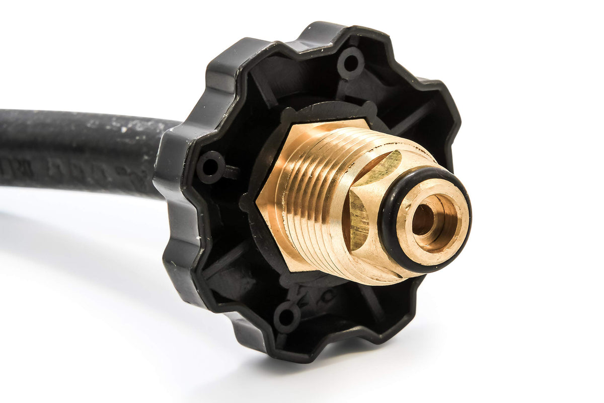 CAMCO 59123 Camco Propane Brass 4 Port Tee- Comes with 5ft and 12ft Hoses, Allows for Connection Between Auxiliary Propane Cylinder and Propane Appliances (59123), Black