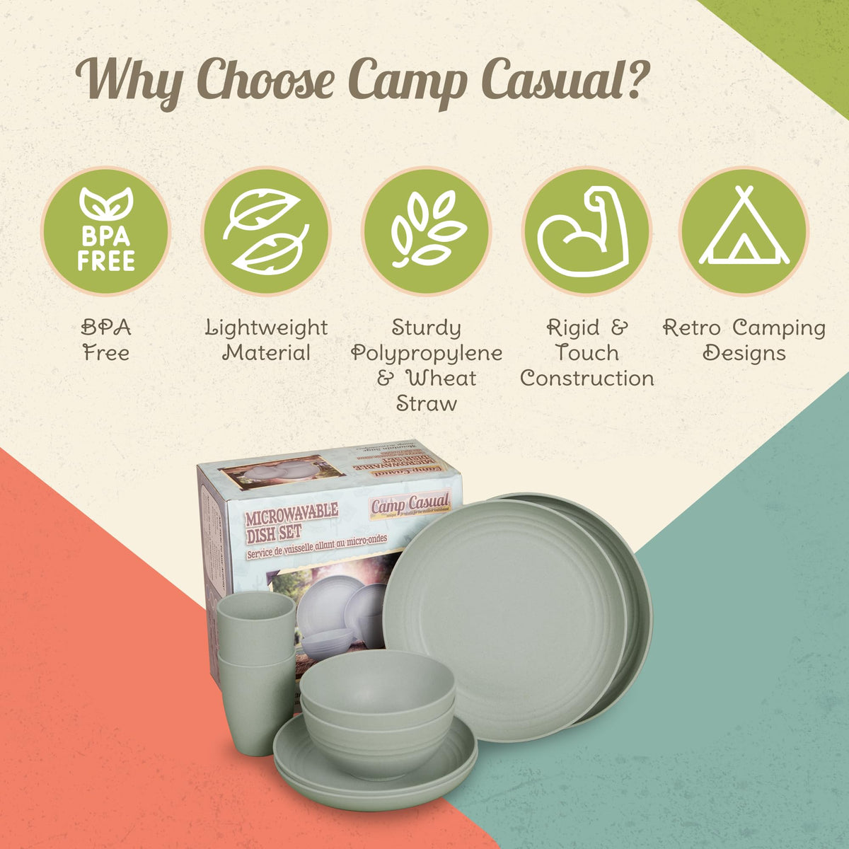 CAMP CASUAL CC-011RR Camping Plates Cups and Bowls Set - 8-pc Wheat Straw Dinnerware Sets - 2 Bowls, 2 Cups, 2 Small & 2 Large Indoor/Outdoor RV Dishes - BPA Free, Dishwasher & Microwave Safe Camp Casual (Rustic Red)