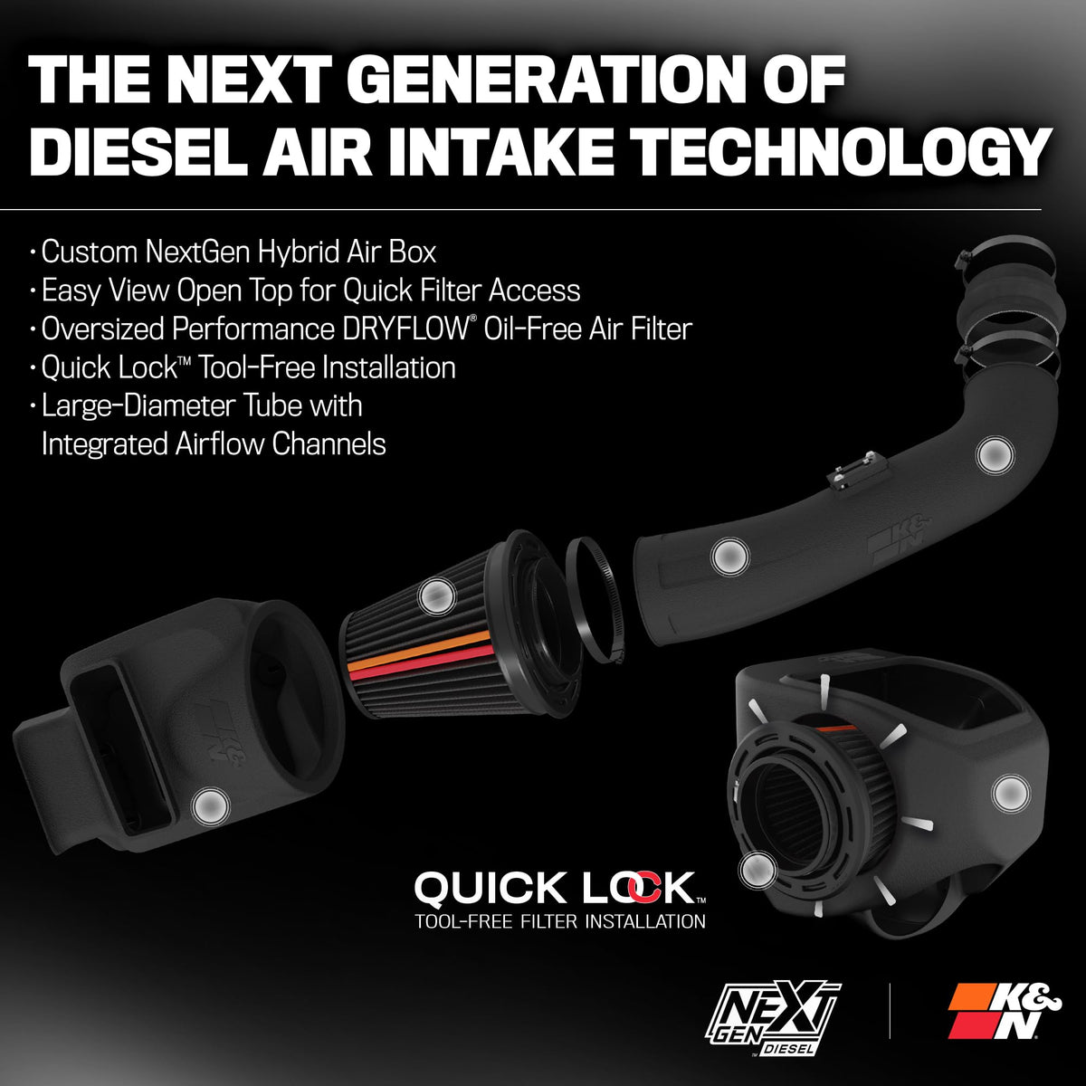 K&N FILTER 50-3101D K&N NextGen Diesel Dryflow Cold Air Intake: Compatible with 2017-2019 Chevrolet/GMC; Silverado 2500 HD; Silverado 3500 HD; Sierra 2500 HD; Sierra 3500 HD; 50-3101D