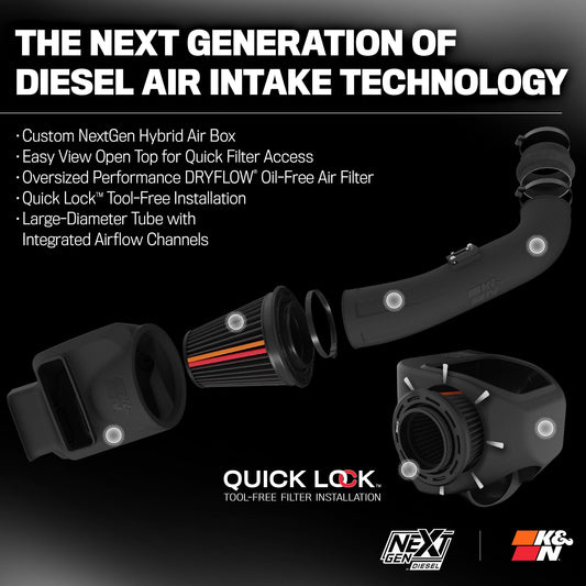 K&N FILTER 50-3101D K&N NextGen Diesel Dryflow Cold Air Intake: Compatible with 2017-2019 Chevrolet/GMC; Silverado 2500 HD; Silverado 3500 HD; Sierra 2500 HD; Sierra 3500 HD; 50-3101D