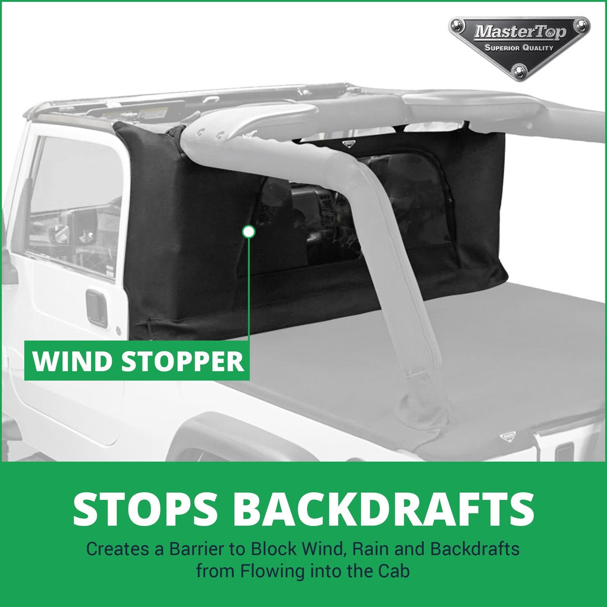 MASTERTOP 14810024 MasterTop 3-Piece Ultimate Summer Soft Top Combo - Bimini Soft Top, Wind Stopper Cab Curtain, and Tonneau Deck Cargo Cover - Fits Jeep Wrangler LJ 2004-2006 - Black MasterTwill