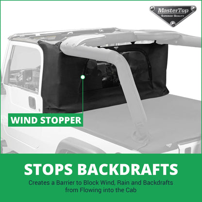 MASTERTOP 14810024 MasterTop 3-Piece Ultimate Summer Soft Top Combo - Bimini Soft Top, Wind Stopper Cab Curtain, and Tonneau Deck Cargo Cover - Fits Jeep Wrangler LJ 2004-2006 - Black MasterTwill