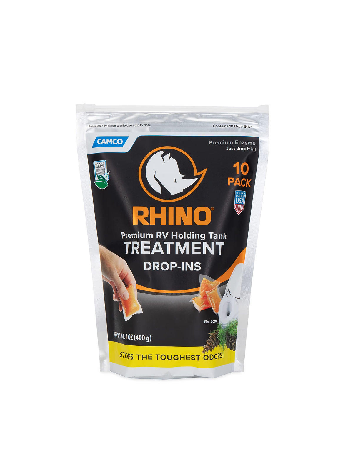 CAMCO 41519 Camco RhinoFLEX Premium Enzyme RV Holding Tank Treatment Drop-INs | Features a Biodegradable Septic Safe Formula, a Pine Scent, and is Ideal for RVing, Boating, and More | 10 Count (41519)