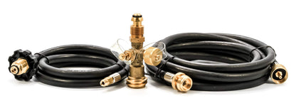 CAMCO 59123 Camco Propane Brass 4 Port Tee- Comes with 5ft and 12ft Hoses, Allows for Connection Between Auxiliary Propane Cylinder and Propane Appliances (59123), Black