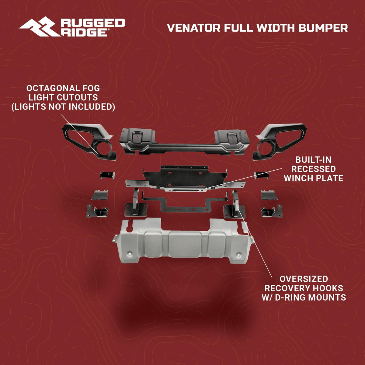 RUGGED RIDGE 11549.42 Rugged Ridge Venator Bumper, Front for Jeep Wrangler/Gladiator | Full Width w/Winch Tray, Steel, Black | 11549.42 | Fits 2018-2025 Jeep Wrangler JL; 2020-2025 Jeep Gladiator JT