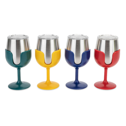 CAMCO 53465 Camco Life is Better at The Campsite Stainless Steel Wine Tumbler 4-Pack - Features Heavy Duty Double Wall Vacuum Insulation & Removable Navy, Red, Green & Yellow Stems - Holds 8-oz Each (53465)