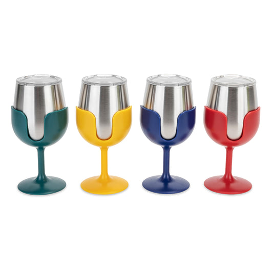 CAMCO 53465 Camco Life is Better at The Campsite Stainless Steel Wine Tumbler 4-Pack - Features Heavy Duty Double Wall Vacuum Insulation & Removable Navy, Red, Green & Yellow Stems - Holds 8-oz Each (53465)