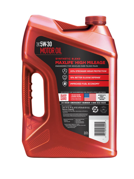 VALVOLINE 881163 Valvoline MaxLife High Mileage 5W-30 Synthetic Blend Motor Oil 5 Quart