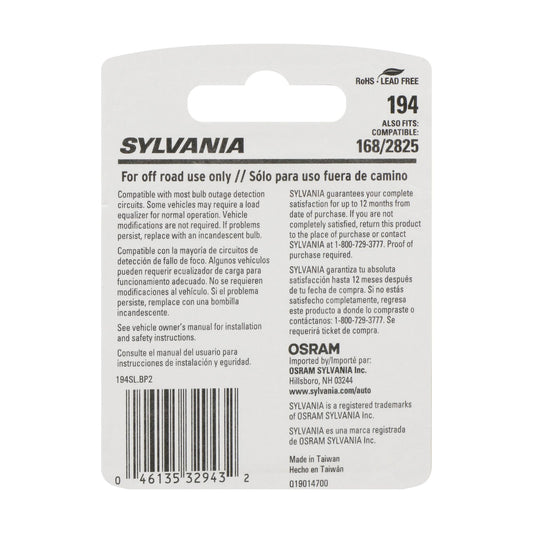 SYLVANIA 194SL.BP2 SYLVANIA 194 T10 W5W LED Mini Bulb, White, Interior Lighting, 2-Pack