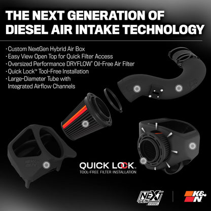 K&N FILTER 50-2600D K&N NextGen Diesel Dryflow Cold Air Intake: Compatible with 2017-2019 FORD; F250; F350; F450; F550; 50-2600D