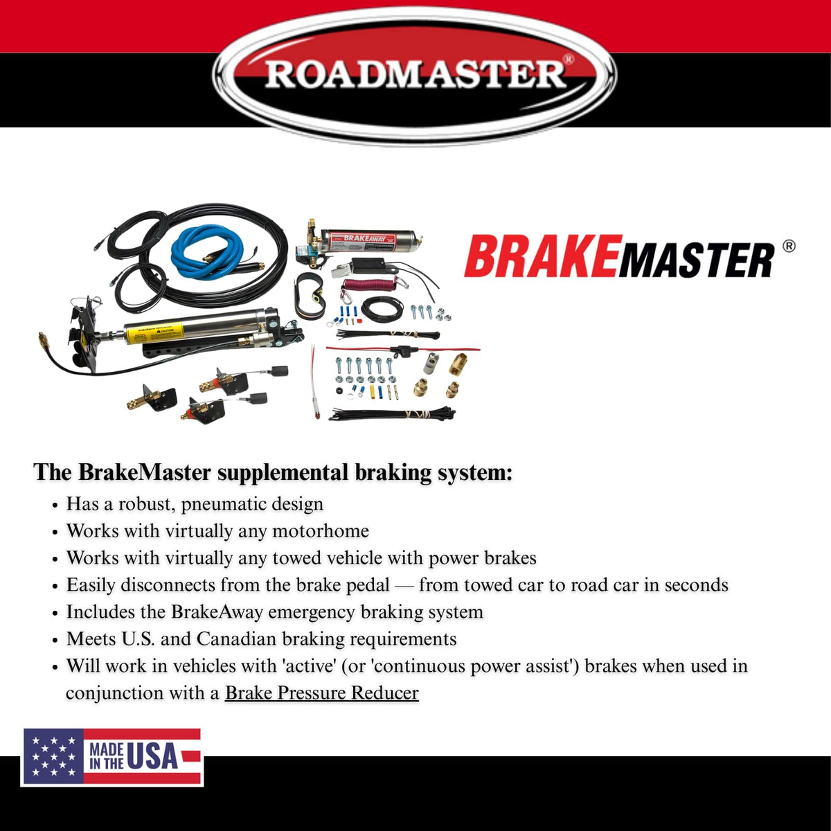 ROADMASTER 9160 Roadmaster 9160 Brakemaster Brake System with BrakeAway Kit fits Motorhomes with Air or Air Over Hydraulic Brakes | Fully US and Canadian Brake Compliant | Easy Installation