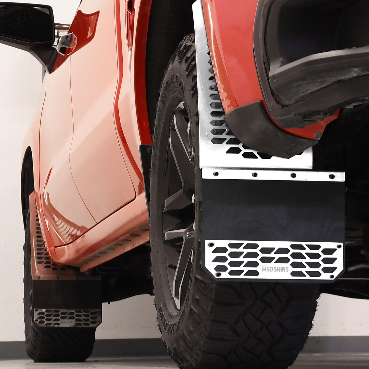 PUTCO 78000 Putco Polished Stainless Steel HEX Steel Mud Skins - Front Pair - Fits Chevy Silverado 1500 / GMC Sierra 1500 / Dodge Ram Truck 1500 2014-2025